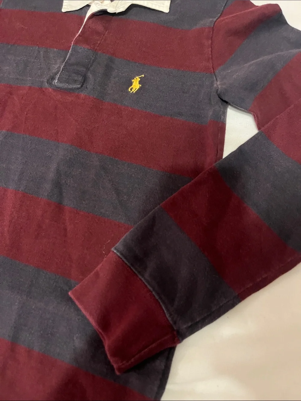 Ralph Lauren Kids Burgundy and Charcoal Striped Rugby Polo with Cream Collar